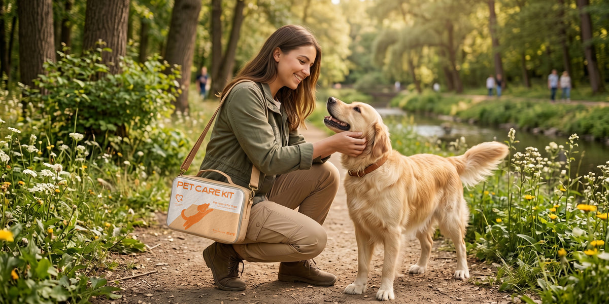 A woman crouches on a park path next to a golden retriever dog, smiling and petting the dog while carrying a beige and white 'PET CARE KIT' bag. The background is a lush, sunlit green park with trees and wildflowers.