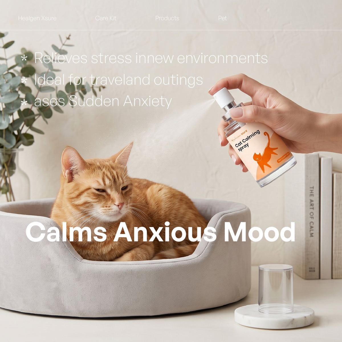 A hand holds a bottle of pet calming spray over an orange tabby cat resting in a gray pet bed. The scene is styled with books, a small glass, and a marble coaster on a light surface, with text overlays describing the calming benefits.