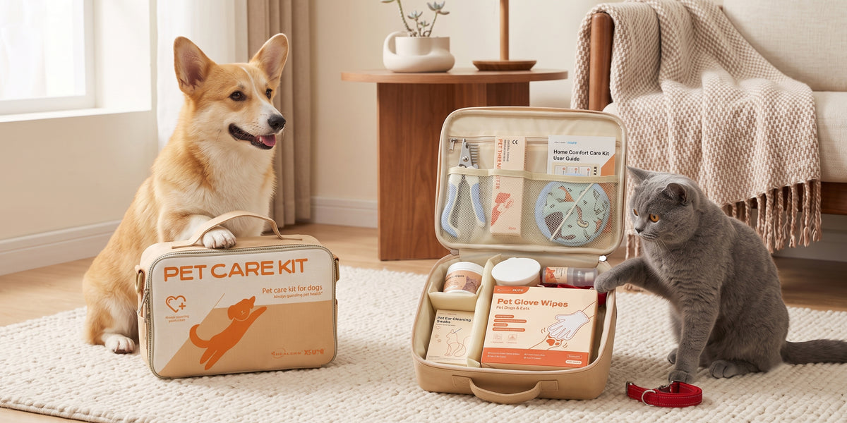 A corgi sits beside an open beige pet care kit on a rug in a bright living room, while a gray cat stands nearby looking at the kit contents. The kit includes medical and cleaning supplies, with a branded box visible on the left.