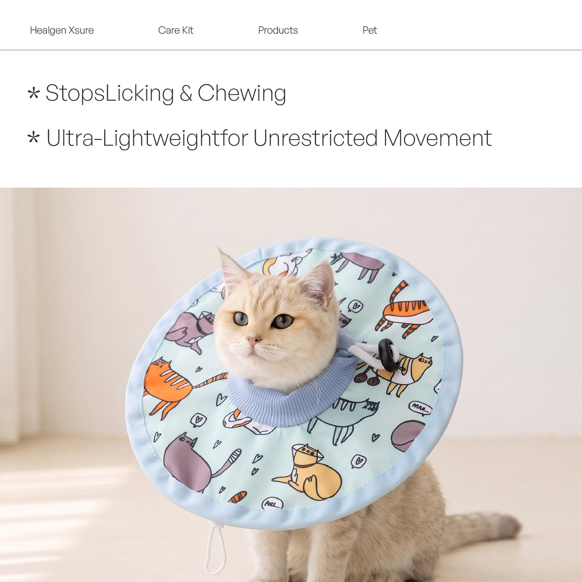A light cream cat wearing a light blue pet cone collar with a playful cartoon cat pattern, sitting on a warm beige floor. Text overlays at the top highlight the product's features: 'StopsLicking & Chewing' and 'Ultra-Lightweight for Unrestricted Movement'.