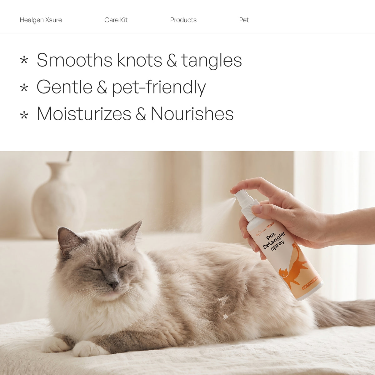 A fluffy cream-colored cat lies on a bed while a hand sprays a pet hair remover spray from a white bottle with orange graphics. The top of the image features marketing text highlighting the benefits of the product.