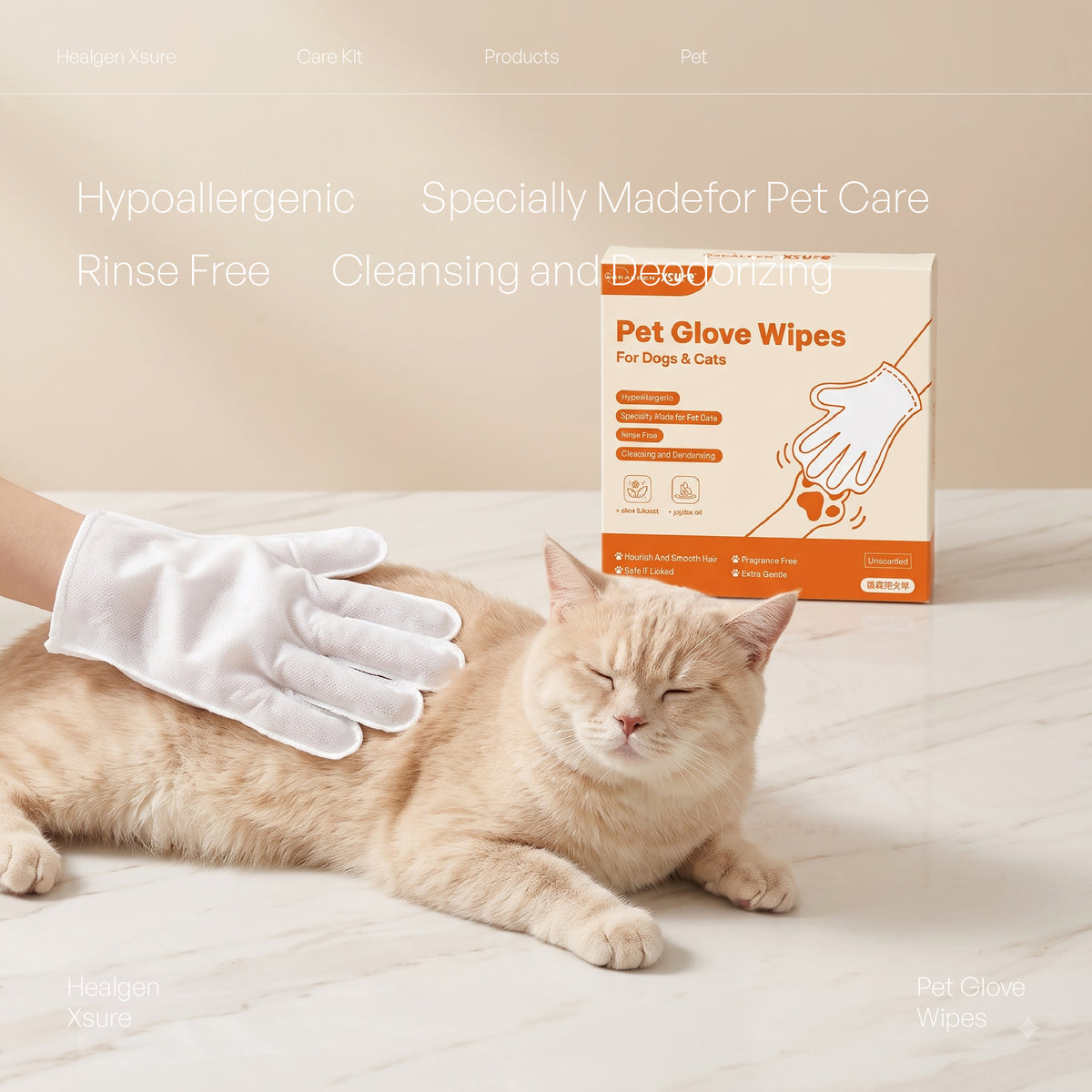 A light orange tabby cat lies on a white marble surface while a white pet care glove is being worn by a person whose arm is visible. A box labeled 'Pet Glove Wipes For Dogs & Cats' stands behind.