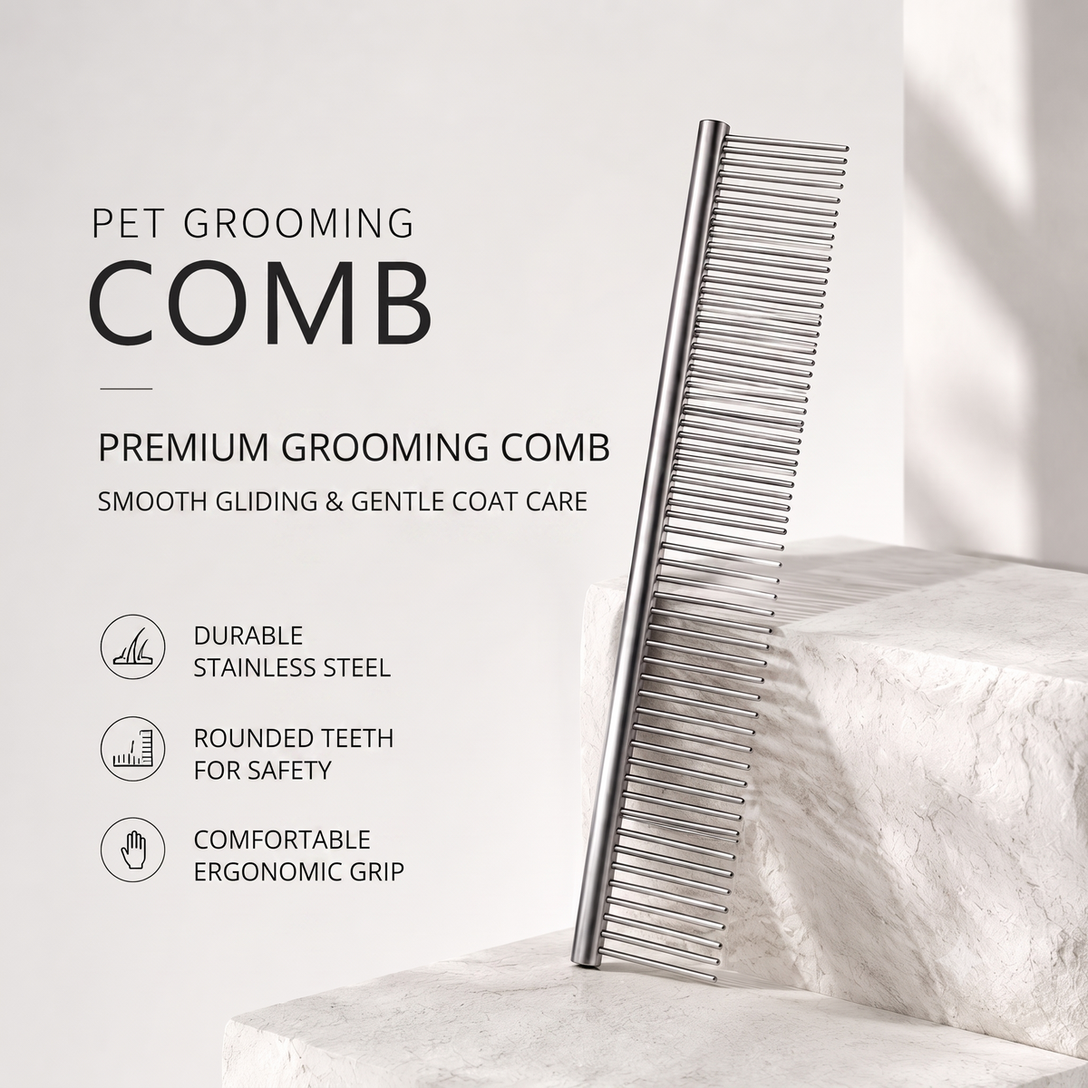 A stainless steel pet grooming comb leaning against a white marble pedestal on a light gray background, with product text on the left describing it as a premium grooming comb with smooth gliding teeth and ergonomic grip.