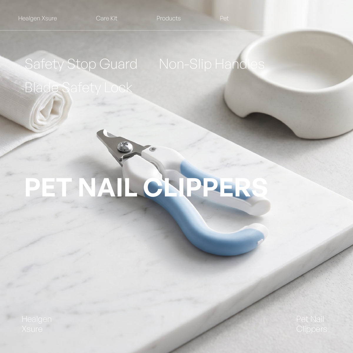Blue and white pet nail clippers resting on a white marble cutting board, with a white ceramic pet bowl in the background. Text overlays highlight key features like 'Safety Stop Guard', 'Non-Slip Handles', and 'Blade Safety Lock'.