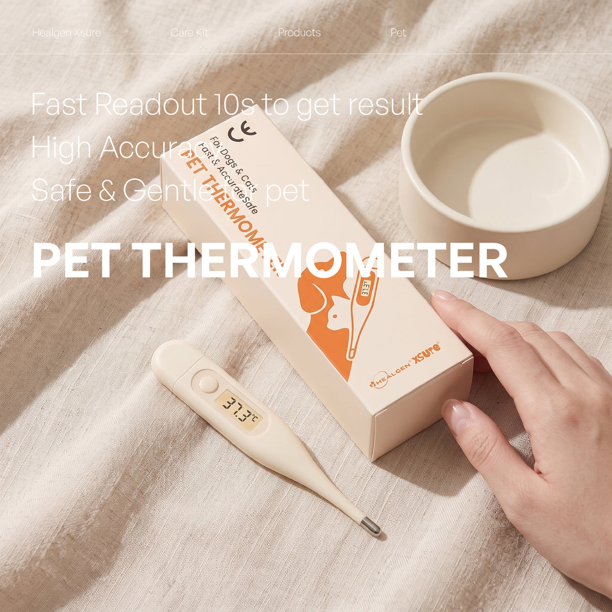 A pet digital thermometer and its packaging box are arranged on a beige fabric surface next to a small bowl, with a human hand touching the box. Large overlaid text reads 'PET THERMOMETER' and marketing copy about fast reading and high accuracy.