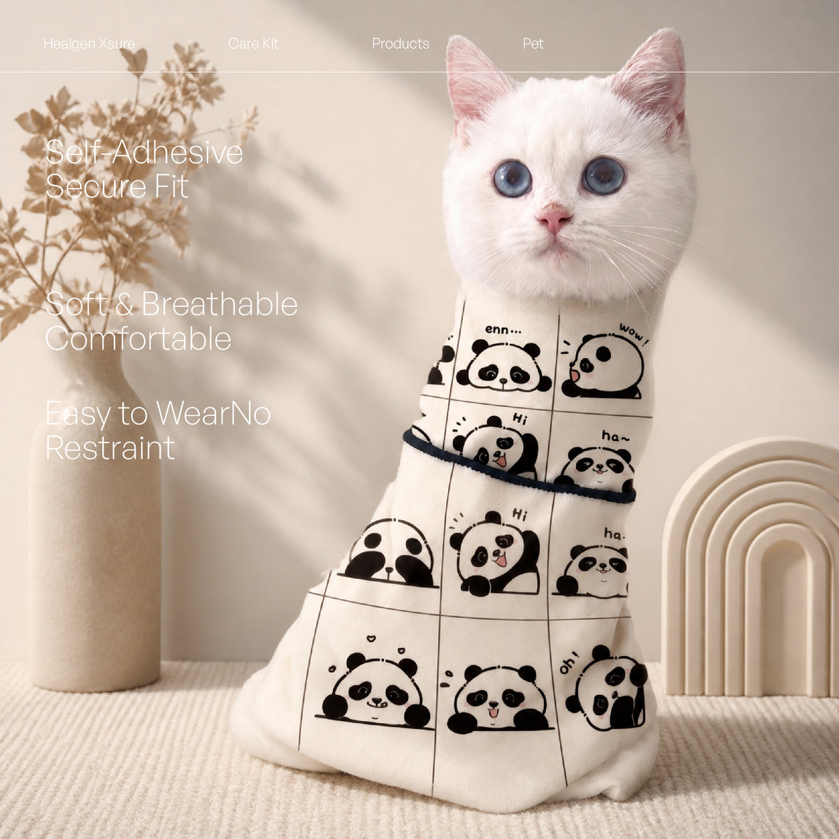 A white cat wearing a soft pet sweater with a black panda grid pattern, sitting in a warm, neutral-toned room with decorative text overlays on the left.