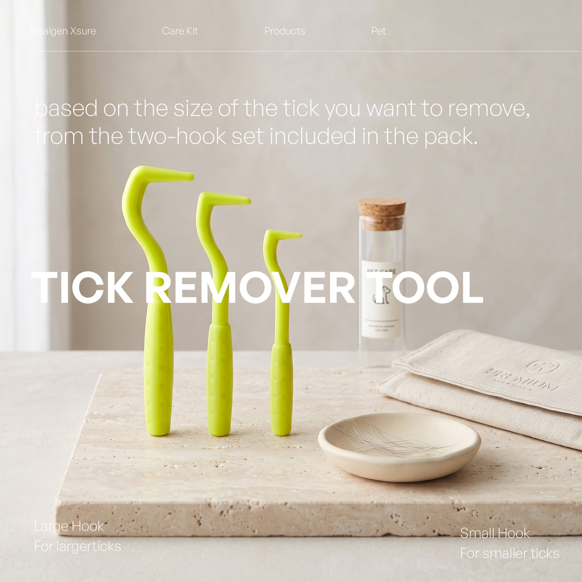 Three bright yellow-green tick remover tools displayed on a stone slab with a small dish and a vial in the background. Large overlaid text reads 'TICK REMOVER TOOL' with smaller explanatory text above.